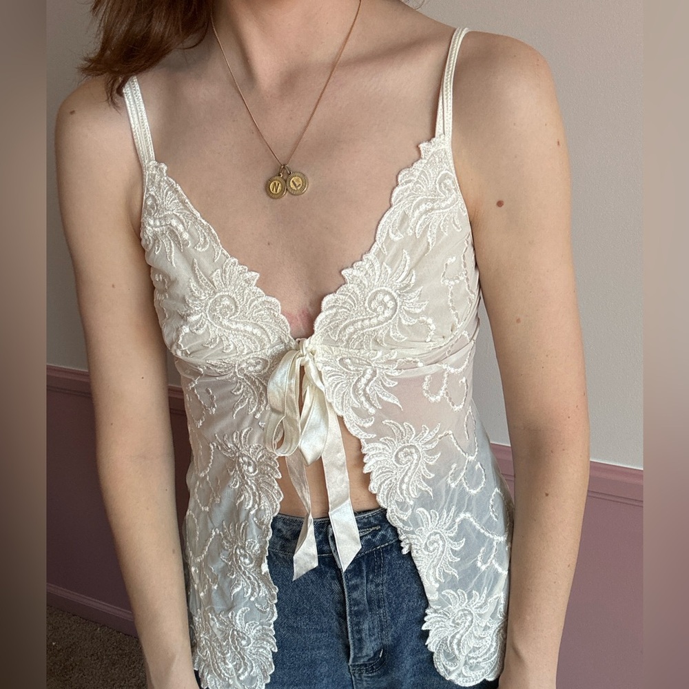 Sheer Lace Tie-Front Chemise Top - Cream